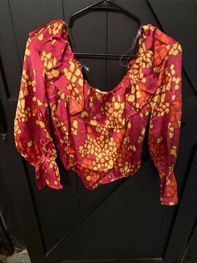 Magenta & Gold Ruffle-Neck Long-Sleeve Blouse